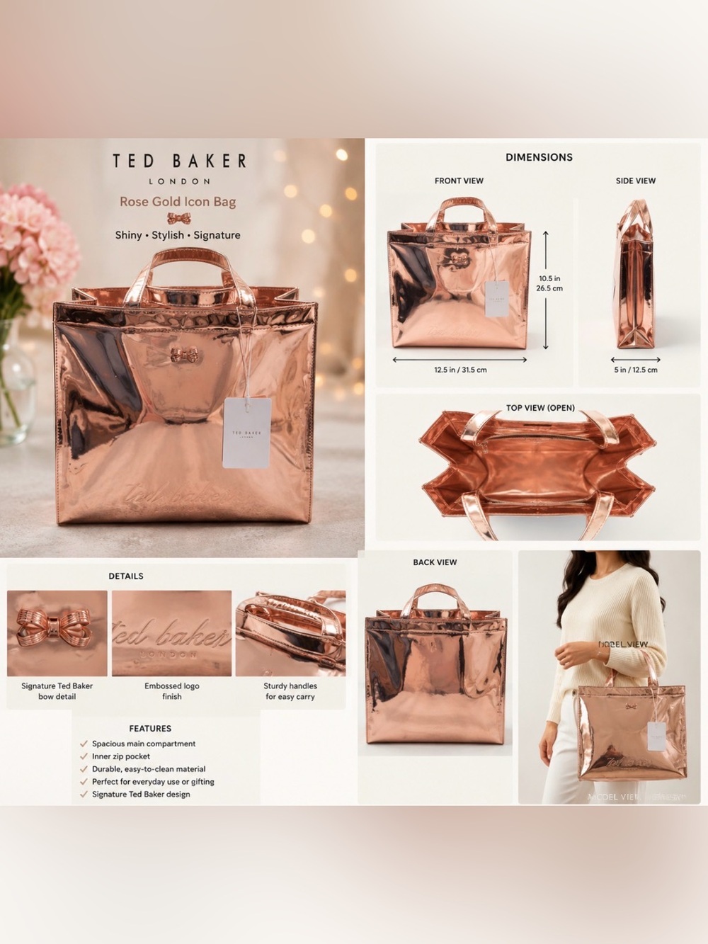 Ted Baker Rose Gold Metallic Tote Bag